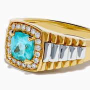 A striking Mens 18K Two Tone GIA Certified Paraiba and Diamond Ring showcases a square-cut Paraiba gemstone encircled by round diamonds, with a ridged gold band accented with silver for an elegant finish.