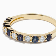 The Effy Hematian 14K Yellow Gold Alexandrite and Diamond 11-Stone Ring features alternating alexandrite and diamond gems set in a row along the band, shown on a white background.