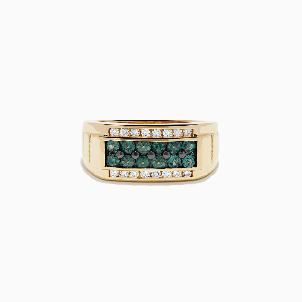 The Effy Hematian Men's 14K Yellow Gold Alexandrite and Diamond Channel-Set Ring showcases a rectangular center with two rows of white diamonds and a central row of teal alexandrites, displayed on a plain white background.