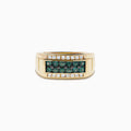The Effy Hematian Men's 14K Yellow Gold Alexandrite and Diamond Channel-Set Ring showcases a rectangular center with two rows of white diamonds and a central row of teal alexandrites, displayed on a plain white background.