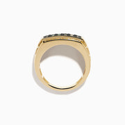 The Effy Hematian Men's 14K Yellow Gold Alexandrite and Diamond Channel-Set Ring showcases a rectangular center with two rows of white diamonds and a central row of teal alexandrites, displayed on a plain white background.