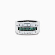 The Effy Hematian Men's 14K White Gold Ring features a wide band with three horizontal rows: the top and bottom rows have sparkling diamonds, while the center row is accented with striking alexandrites.