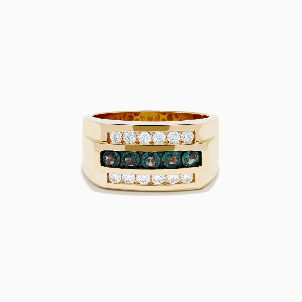 The Effy Hematian Men's 14K Yellow Gold Alexandrite and Diamond Ring features two rows of clear diamonds and a central row of dark green alexandrites, displayed on a white background—an elegant, timeless statement piece.