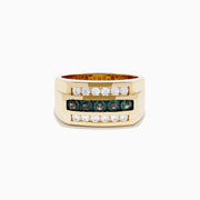 The Effy Hematian Men's 14K Yellow Gold Alexandrite and Diamond Ring features two rows of clear diamonds and a central row of dark green alexandrites, displayed on a white background—an elegant, timeless statement piece.