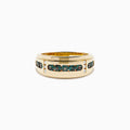 The Effy Hematian Men's 14K Yellow Gold Band features dark green alexandrite gemstones channel-set in the center, flanked by small diamonds on each side, displayed against a white background.