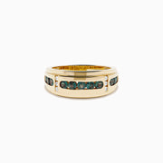 The Effy Hematian Men's 14K Yellow Gold Band features dark green alexandrite gemstones channel-set in the center, flanked by small diamonds on each side, displayed against a white background.