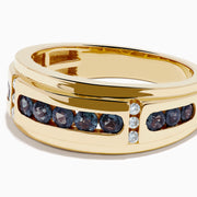 The Effy Hematian Men's 14K Yellow Gold Band features dark green alexandrite gemstones channel-set in the center, flanked by small diamonds on each side, displayed against a white background.