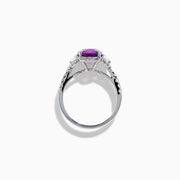 The Effy Hematian 18K White Gold Oval Purple Sapphire and Diamond Halo Ring features a central oval purple sapphire, two oval white diamonds, and smaller diamonds along the band, displayed on a white background.