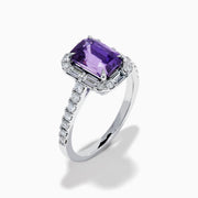 The Effy Hematian 18K White Gold Octagon Purple Sapphire and Diamond Halo Ring features a striking octagonal purple sapphire centerpiece, encircled by sparkling diamond halos on the band and around the main stone.