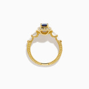 The 18K Yellow Gold GIA Certified Alexandrite and Diamond Halo Ring features a rectangular, iridescent center stone with a diamond halo and diamonds on the band, shown against a white background.