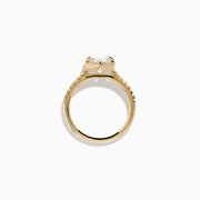 Presenting the Lab Grown Diamond 2.00ct Hexagon with Pave Band Ring in 14K Yellow Gold: a striking ring with a hexagonal-cut lab grown diamond at its center, accented by sparkling pave-set diamonds along the polished 14K yellow gold band, showcased on a clean white background.
