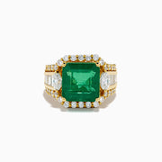 The 18K Yellow Gold Emerald and Diamond Ring features a large square green emerald center, encircled by round and baguette-cut white diamonds along the band and around the emerald, set against a white background.