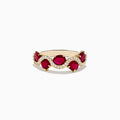 The 14K Yellow Gold Ruby and Diamond Ring showcases four oval rubies in a wavy design, accented with small white diamonds along the curves.