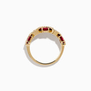 The 14K Yellow Gold Ruby and Diamond Ring showcases four oval rubies in a wavy design, accented with small white diamonds along the curves.