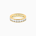 The 14K Yellow Gold Channel Set Diamond Eternity Band, 2.00 TCW, features round white diamonds encircling the band and is beautifully showcased against a plain white background.