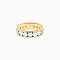 The 14K Yellow Gold Channel Set Diamond Eternity Band, 4.00 TCW, showcases large round diamonds in a continuous channel setting around the band, elegantly displayed on a white background.