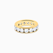 A 14K Yellow Gold Channel Set Diamond Eternity Band, 5.00 TCW, featuring round diamonds all around, displayed on a plain white background.