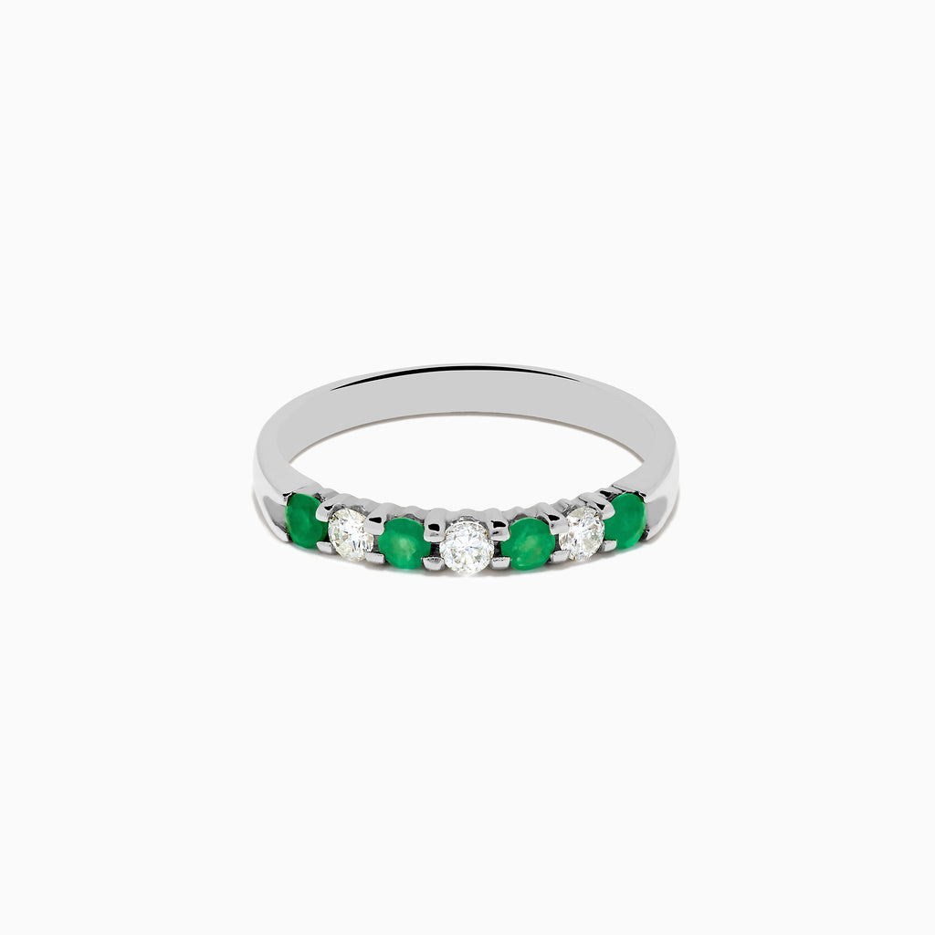 The 14K White Gold 7-Stone Emerald & Diamond Band, 0.50 TCW, showcases alternating round green emeralds and white diamonds on a plain white background.