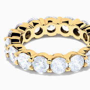 The 14K Yellow Gold Prong Set Diamond Eternity Band, 5.00 TCW, features a continuous row of round prong-set diamonds encircling the band, shown against a white background.