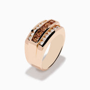 The Mens 14K Rose Gold Espresso and White Diamond Ring features three rows: white diamonds on top and bottom with espresso diamonds in the center, all set in a modern geometric design.