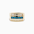 Mens 14K yellow gold ring featuring three horizontal rows: the top and bottom have small white diamonds, while the center showcases larger blue diamonds set in the band.