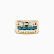Mens 14K yellow gold ring featuring three horizontal rows: the top and bottom have small white diamonds, while the center showcases larger blue diamonds set in the band.