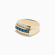Mens 14K yellow gold ring featuring three horizontal rows: the top and bottom have small white diamonds, while the center showcases larger blue diamonds set in the band.