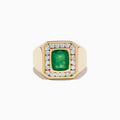 The Men's 14K Yellow Gold Emerald and Diamond Statement Ring showcases a square green emerald center, bordered by small round white diamonds, displayed on a plain white background.