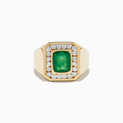 The Men's 14K Yellow Gold Emerald and Diamond Statement Ring showcases a square green emerald center, bordered by small round white diamonds, displayed on a plain white background.