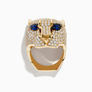 The Signature 14K Yellow Gold Sapphire and Diamond Panther Ring features a diamond-encrusted panther head with deep blue sapphire eyes, beautifully showcased against a plain white background.