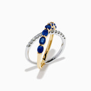 The Royale Bleu 14K Two Tone Gold Sapphire and Diamond Criss Cross Ring features alternating sapphires and clear diamonds, elegantly displayed against a white background.