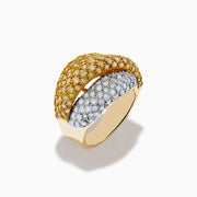 The Canare 14K Yellow Gold White and Yellow Diamond Statement Ring showcases two overlapping bands—one with white diamonds, one with yellow diamonds—in a textured pavé setting on radiant yellow gold.