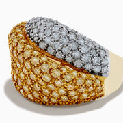 The Canare 14K Yellow Gold White and Yellow Diamond Statement Ring showcases two overlapping bands—one with white diamonds, one with yellow diamonds—in a textured pavé setting on radiant yellow gold.