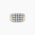 The Mens 14K Two-Tone Gold Diamond Ring features a wide two-tone band with three center rows of sparkling diamonds and grooved gold accents, displayed against a white background.