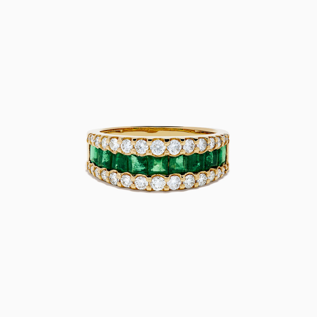 The Brasilica 14K Yellow Gold Emerald and Diamond Wide Band Ring features a symmetrical design with two rows of round diamonds framing horizontally set rectangular green emeralds, offering timeless sophistication.