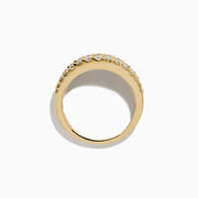 The Brasilica 14K Yellow Gold Emerald and Diamond Wide Band Ring features a symmetrical design with two rows of round diamonds framing horizontally set rectangular green emeralds, offering timeless sophistication.