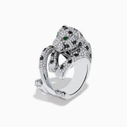 The Signature 14K White Gold Diamond and Emerald Panther Ring features a crouching panther encrusted with sparkling diamonds and vivid emerald eyes, set in gleaming white gold.
