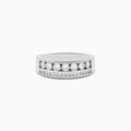 The Mens 14K White Gold Diamond Double Channel Set Ring showcases two parallel rows of round-cut white diamonds on a wide band, exuding timeless sophistication and bold style against a plain white background.