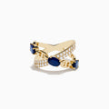 The Royal Bleu 14K Yellow Gold Sapphire and Diamond Criss Cross Chain Link Ring features three oval sapphires and rows of white diamonds along interwoven bands, shown on a white background.