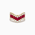 The 14K Yellow Gold Ruby and Diamond Chevron Ring features a V-shaped design with alternating rectangular rubies and round white diamonds, set against a plain white background.