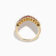 The 14K Yellow Gold Ruby and Diamond Chevron Ring features a V-shaped design with alternating rectangular rubies and round white diamonds, set against a plain white background.