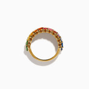 The Watercolors 14K Yellow Gold Multi Sapphire Two Row Baguette Band features a zigzag design with sapphires in a rainbow gradient of green, yellow, orange, red, pink, and blue.