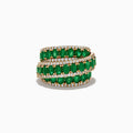 The Limited Edition 14K Yellow Gold Emerald and Diamond Cocktail Ring (7.14 TCW) features three rows of oval emeralds, elegantly bordered and interspersed with sparkling white diamonds, shown on a white background.