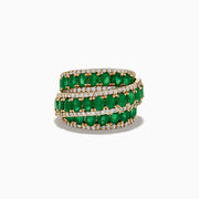 The Limited Edition 14K Yellow Gold Emerald and Diamond Cocktail Ring (7.14 TCW) features three rows of oval emeralds, elegantly bordered and interspersed with sparkling white diamonds, shown on a white background.