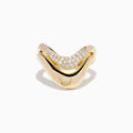 The 14K Yellow Gold Diamond Sculptural Ribbon Ring features a wavy V-shaped design with a sparkling diamond ribbon band above a polished gold band, creating an elegant two-layer look.