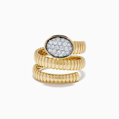 The D'oro 14K Two-Tone Gold Wrap Diamond Ring has a ribbed, coiled design with an oval top set with multiple small diamonds, spiraling upward in three elegant loops against a white background.