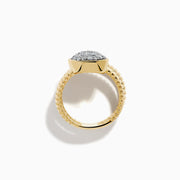 The D'oro 14K Two-Tone Gold Wrap Diamond Ring has a ribbed, coiled design with an oval top set with multiple small diamonds, spiraling upward in three elegant loops against a white background.