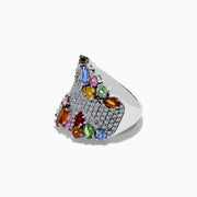 The Watercolors 14K White Gold Multi Sapphire and Diamond Ring features rows of clear diamonds bordered by clusters of vibrant blue, red, green, yellow, orange, and pink oval sapphires.