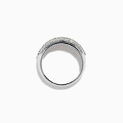 The 14K White Gold 3 Row Pave Diamond Dome Band showcases three closely set rows of pave diamonds, crafted in a sleek dome design and presented on a plain white background.