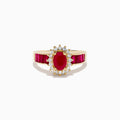 The Ruby Royale 14K Yellow Gold Ruby and Diamond Ring showcases an oval ruby centerpiece, surrounded by white diamonds and accented with rectangular red stones along the band.